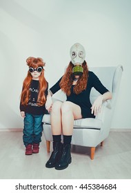 Family In A Gas Mask Daughter And Mother