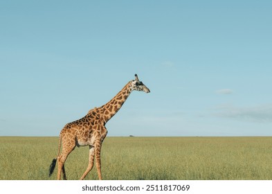 Family of giraffes walking through grasslands in Kenya, Africa, Tanzania. Wildlife safari photography, travel, African safari, Mother giraffe, Father giraffe, Baby giraffe, male, female, infant