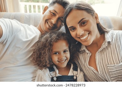 Family, girl and portrait with selfie on sofa for personal blog, profile picture and social media for memory. Mom, father and kid with photography in living room of home with love or content creation - Powered by Shutterstock