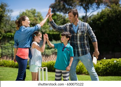 Family Giving High Five To Each Other While Playing Cricket In The Park