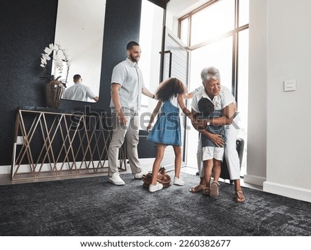 Family, grandmother and children hug as greeting in a home or house due to grandparent visit on holiday or vacation. Kids, grandchildren and elderly woman embrace feeling excited, happy and happiness