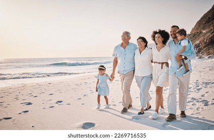 Family, grandparents and children walking on beach for holiday, vacation and bonding on weekend trip. Travel mockup, summer and kids holding hands with mom and dad for adventure, sunset and relax - Powered by Shutterstock