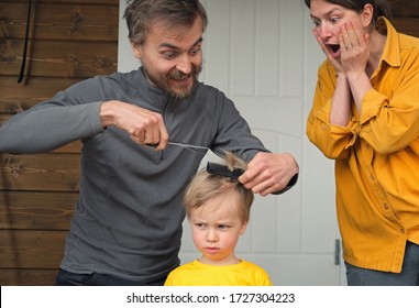 Family haircut at home during quarantine when closed all hairdressers. Father cut hair for son and mother is shocked by it. Focus on mom. Beauty and selfcare at home, crazy lifestyle during lockdown.