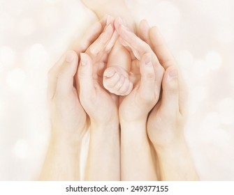 Family Hands and Baby New Born Arm, Mother Father Children Body, Embrace Newborn Kid Hand
