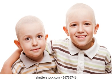 Family Happiness - Two Little Smiling Child Boy Brothers With Bald Shaved Heads