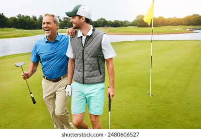 Family, happy and people for golf sport, physical activity or bonding through recreation. Fun, mature dad and son for walking in nature for friendly competition, game or support with smile outdoor - Powered by Shutterstock