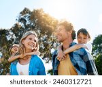 Family, happy and piggyback outdoor with love for bonding, weekend fun and games in nature with sunshine. Parents, kids and carry on back for summer activity, forest scenery or smile on morning walk
