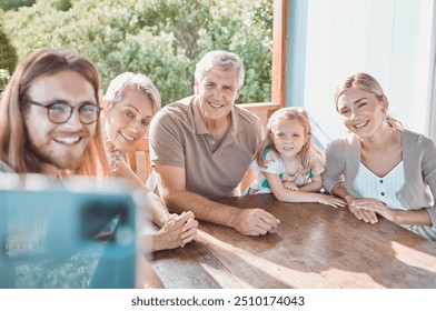 Family, happy and selfie by home for relax, bonding and social media together on patio with generations. Grandparents, people and children by house for memory, profile picture and support on weekend - Powered by Shutterstock