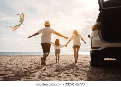 Family happy traveling enjoy in vacation with Car travel driving road trip summer vacation in car in the sunset, Dad, mom and daughter  holidays and relaxation together get the atmosphere. - Powered by Shutterstock