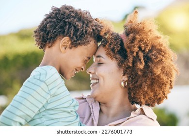 Family, happy and woman hug kid, content together outdoor and face profile with forehead touch. Mother, young child and people with eyes closed, love and care with bond, relationship and smile