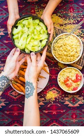 Family Have, Eat Meal Together. Adult And Child, Kid Hands. Rich Vegetarian, Vegan Lunch Or Dinner With Baked Carrots, Vegetables Salad And Cooked Bulgur Grain In Bowls. 