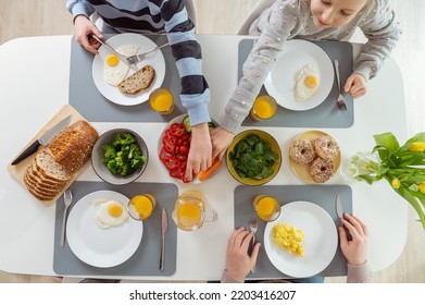 Family Having Healthy Breakfast. Flatlay View From Top