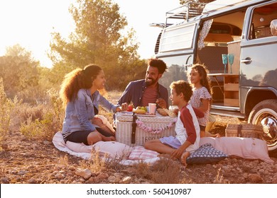 Family having a picnic beside their camper van, full length