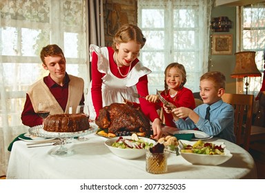 Family Having A Thanksgiving Dinner Together, 50s Retro Style 