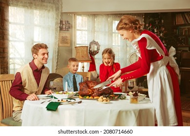 Family Having A Thanksgiving Dinner Together, 50s Retro Style 