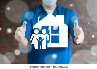 Family Health Care. Home Doctor Concept. Physician Using Virtual Interface Offers House Mother Father Child Icon.