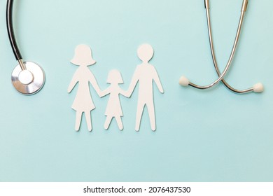 Family Health Care Therapy Medical Concept. Flat Lay Family Cutout Symbol Model Stethoscope On Pastel Blue Background. Health Check Up Life Insurance Concept. Clinic Hospital For Parents Child Banner.