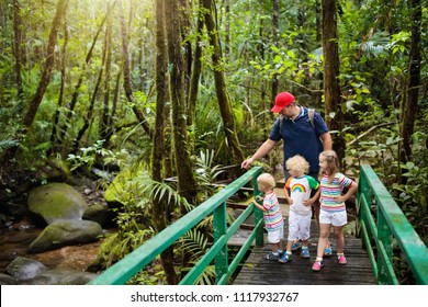 Family Hiking In Jungle. Father And Kids On A Hike In Tropical Rainforest. Dad And Children Walk In Exotic Forest. Travel With Child. Borneo Jungle And Mountains. Boy And Girl Explore Nature In Asia.