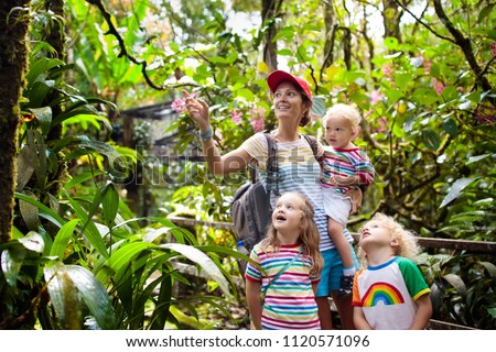 Family hiking in jungle. Mother and kids on a hike in tropical rainforest. Mom and children walk in exotic forest. Travel with child. Borneo jungle and mountains. Boy and girl explore nature in Asia.