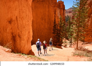 Family Hiking In The Red Mountains On Summer Vacation. People With Backpacks Hiking On  Navajo Loop Trail. Bryce Canyon National Park, Utah, USA 