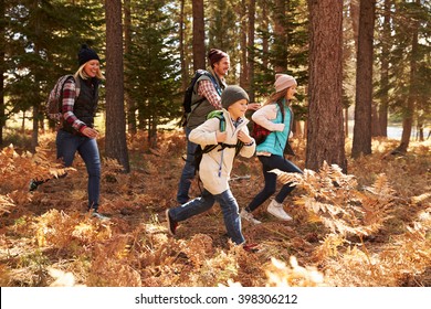 Family Hiking Through A Forest, California, USA