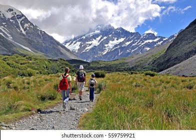 Family Hiking Toward Mount Cook, South Island, New Zealand