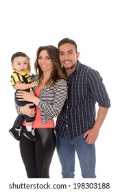 Family Hispanic Mother Father Baby On A White Background