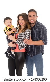 Family Hispanic Mother Father Baby On A White Background