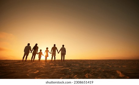 Family, holding hands beach at sunset and generations, grandparents travel with parents and kids with orange sky. Back, unity and men, women and children, silhouette and vacation with mockup space