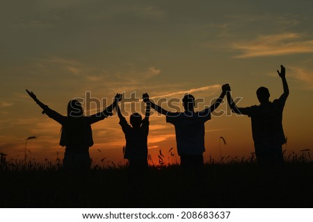 Family holding hands looking at sunset in field