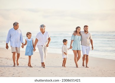 Family, holding hands and walk on beach, generations and people travel together, grandparents and parents with kids. Love, care and men with women and children outdoor, tourism and vacation in Mexico - Powered by Shutterstock