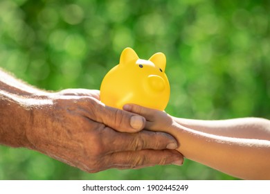 Family Holding Piggy Bank In Hands Against Green Spring Background. Fundraiser For Environmental Protection Concept