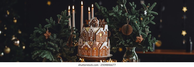 Family holiday celebration. Beautiful traditional homemade gingerbread house. Celebration of Christmas and Happy new year at home. Festive mood, cozy atmosphere, burning candles, fir tree. Banner - Powered by Shutterstock