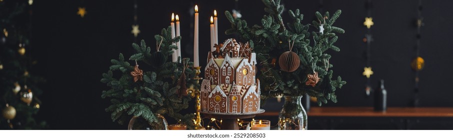 Family holiday celebration. Beautiful traditional homemade gingerbread house. Celebration of Christmas and Happy new year at home. Festive mood, cozy atmosphere, burning candles, fir tree. Banner - Powered by Shutterstock