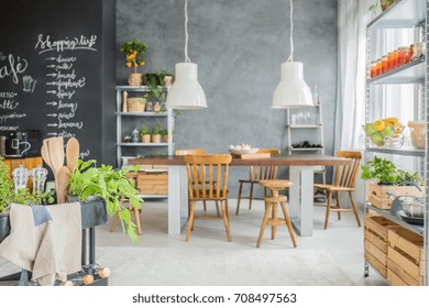 Family Home With Chalkboard Wall, Big Table And Fresh Food