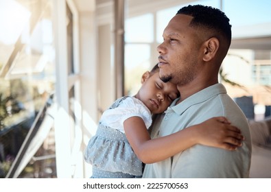 Family, home and father with sleeping girl in arms, standing and looking out window. Love, child care and dad carrying tired, exhausted and young daughter with affection, bonding and enjoying weekend - Powered by Shutterstock