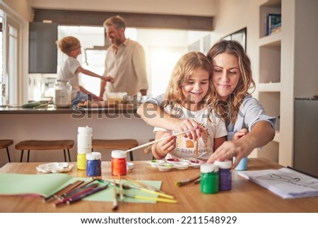 Family home, painting and cooking with mother, father and children learning, creative development and holiday fun education. Happy girl with mom doing watercolor art book and breakfast in kitchen