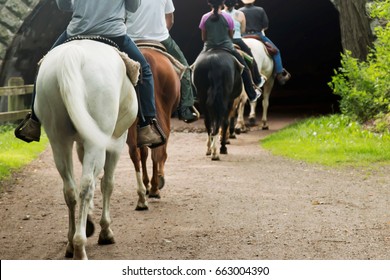 A Family Is Horseback Riding On A Dirt Trail That Goes Into A Tunnel  On Fathers Day