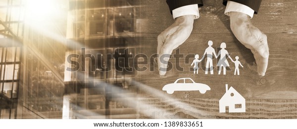 Family, house and car covered by hands -\
insurance concept; multiple\
exposure