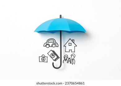 Family, house, car, healthcare, money icons under a blue umbrella for insurance protection concept - Powered by Shutterstock