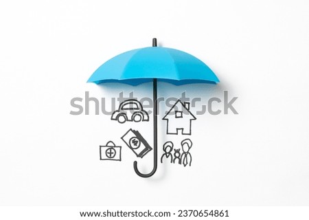 Family, house, car, healthcare, money icons under a blue umbrella for insurance protection concept