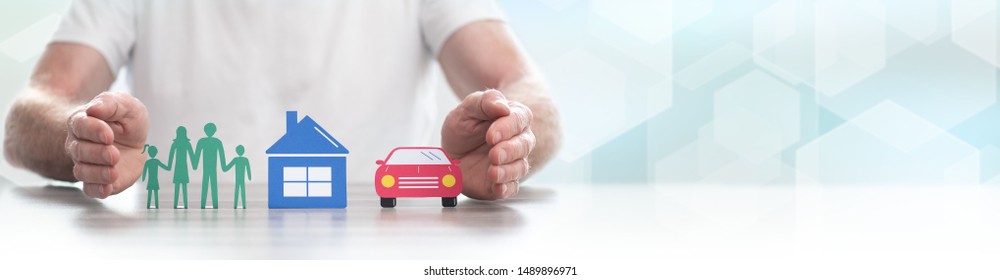 Family, House And Car Protected By Hands - Concept Of Life, Home And Auto Insurance - Panoramic Banner