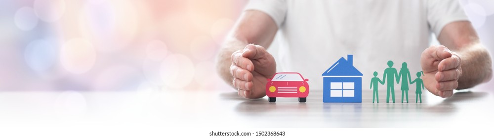 Family, House And Car Protected By Hands - Concept Of Life, Home And Auto Insurance - Panoramic Banner