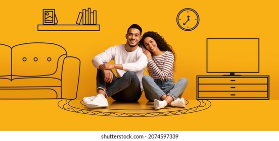 Family Housing  Happy Arab Couple Sitting On Floor Near Orange Wall With Drawn Interior  Smiling Young Spouses Imagining Their New Home  Planning Relocation In Empty Room  Hugging  Creative Collage