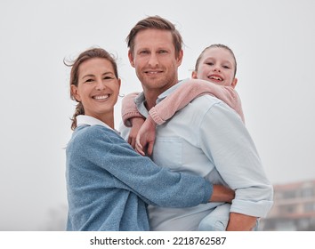 Family, Hug And Outdoor, Love And Smile, Together In Nature And Bonding In Travel Portrait. Parents, Child And Happy, Hugging And Piggy Back, Father With Mother And Girl, Spending Quality Time.