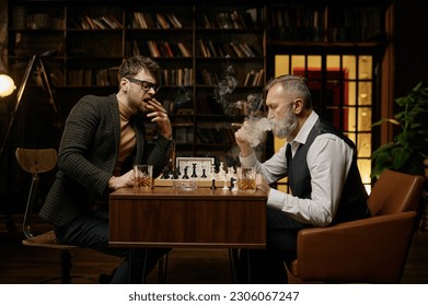 Family of intelligent people playing chess, smoking cigars and drinking whiskey - Powered by Shutterstock