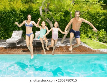 Family jumping into swimming pool - Powered by Shutterstock