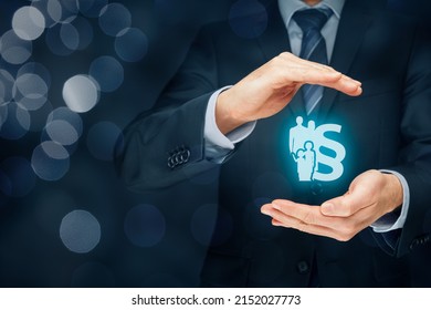 Family law, matrimonial law or the law of domestic relations concept. Family icon, paragraph symbol and protective gesture of lawyer, bokeh in background. - Shutterstock ID 2152027773