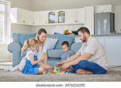 Family, learning and building toys by parents and bonding on living room floor, people relax and play puzzle. Education, child development and parent teaching kids with shapes and color blocks - Powered by Shutterstock