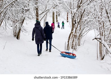 Family Leisure In Winter Park, Parents And A Child With Snow Tube. People Walking In Frosty Day